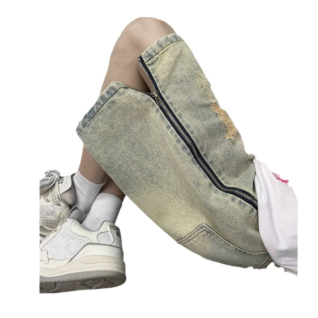 Retro yellow men's cargo shorts with ripstop denim, five pockets, and button fly closure