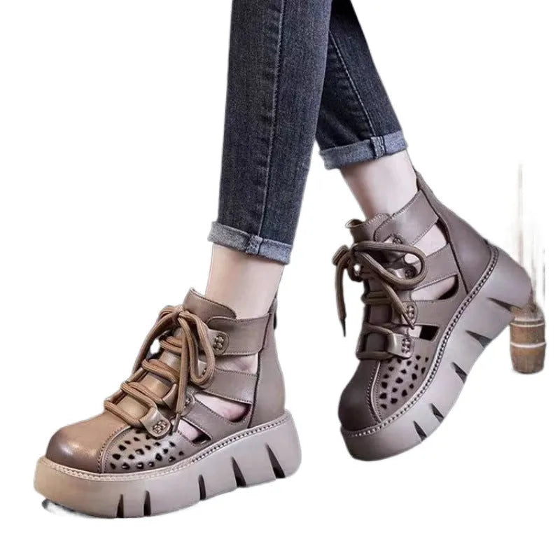 Women's soft cowhide leather platform sandals with hollow hole design in black colour
