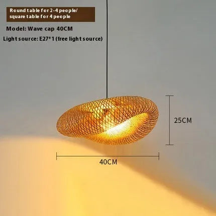 Natural bamboo straw hat shaped pendant ceiling light with woven rattan shade.