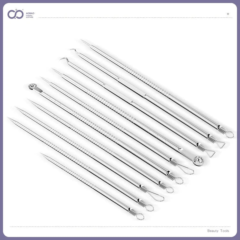 Silver-coloured metal 4-piece acne needle set with ultra-fine pointed tips on a white background.