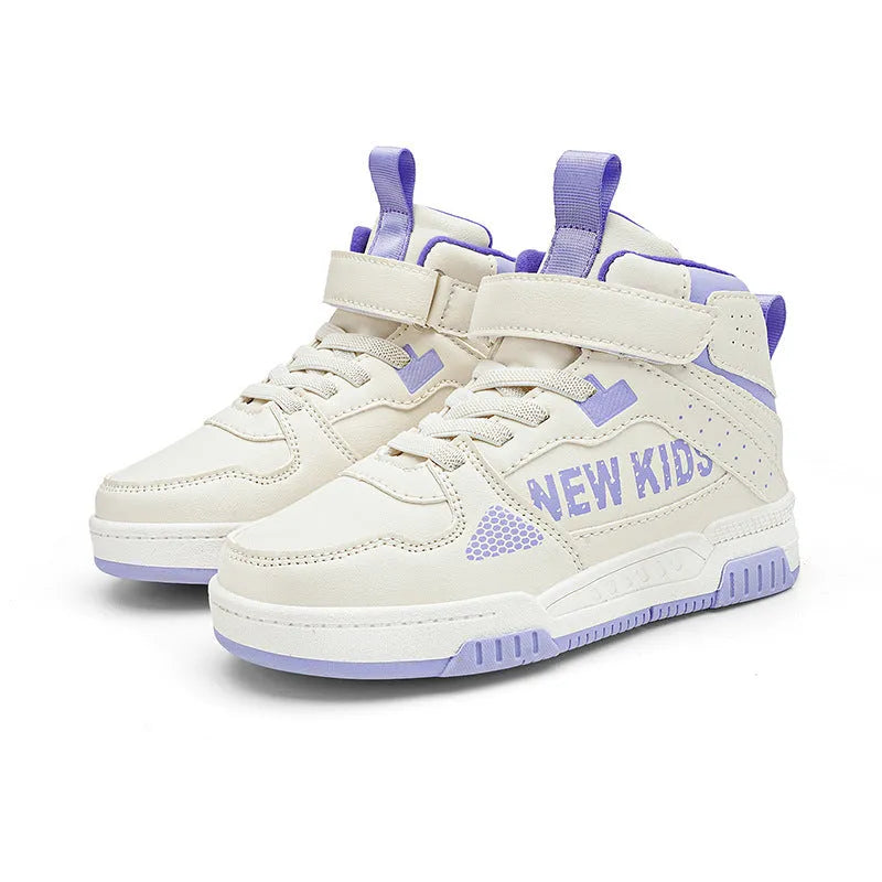 Children's buckle-fastened street sneakers in neutral colours with PU upper and rubber sole.