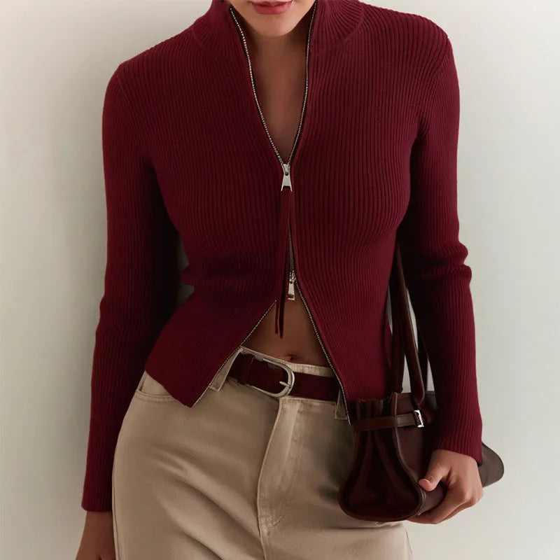 Women's slim fit long sleeve top with stand collar and zip front, high waist, viscose, 50cm length, white burgundy black dark brown.