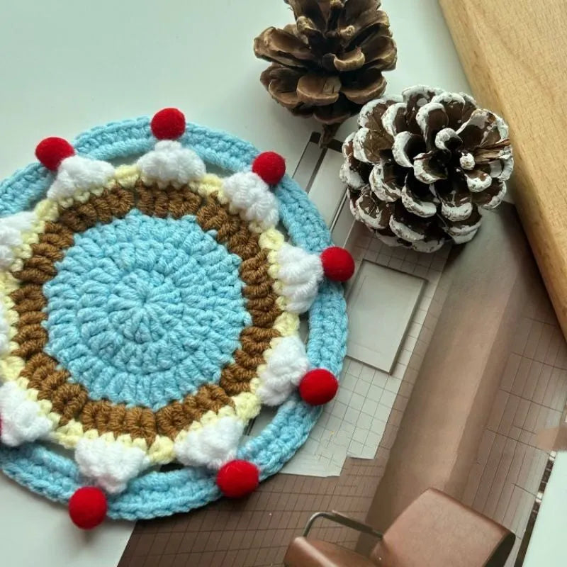 Round wool coaster set with decorative storage bag, each coaster measures 9cm diameter