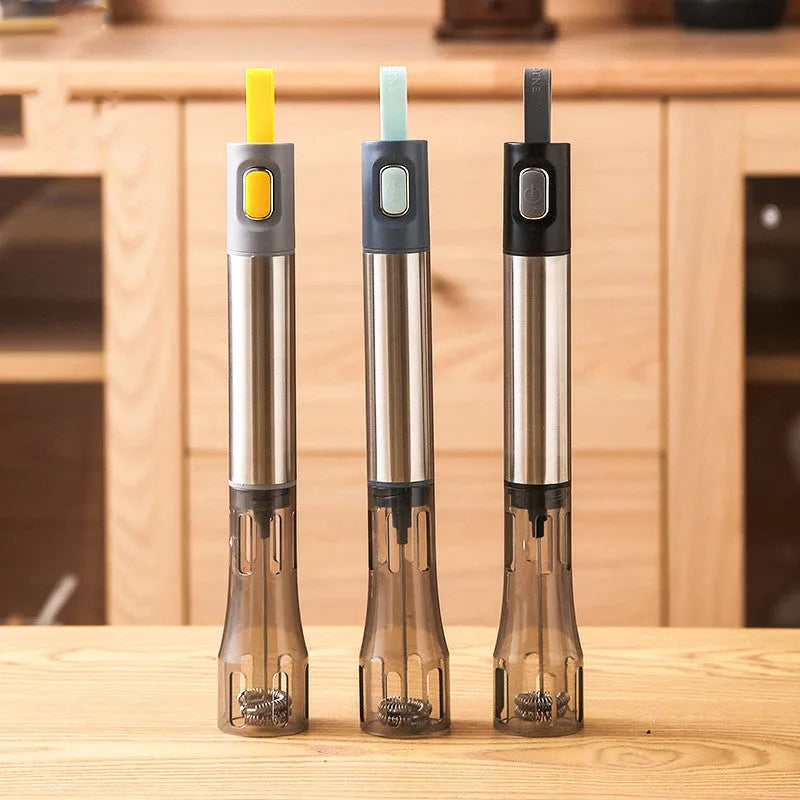 Portable electric foam maker in dark grey with 304 stainless steel whisk and ABS plastic body, dimensions 23cm x 12.5cm x 4.5cm
