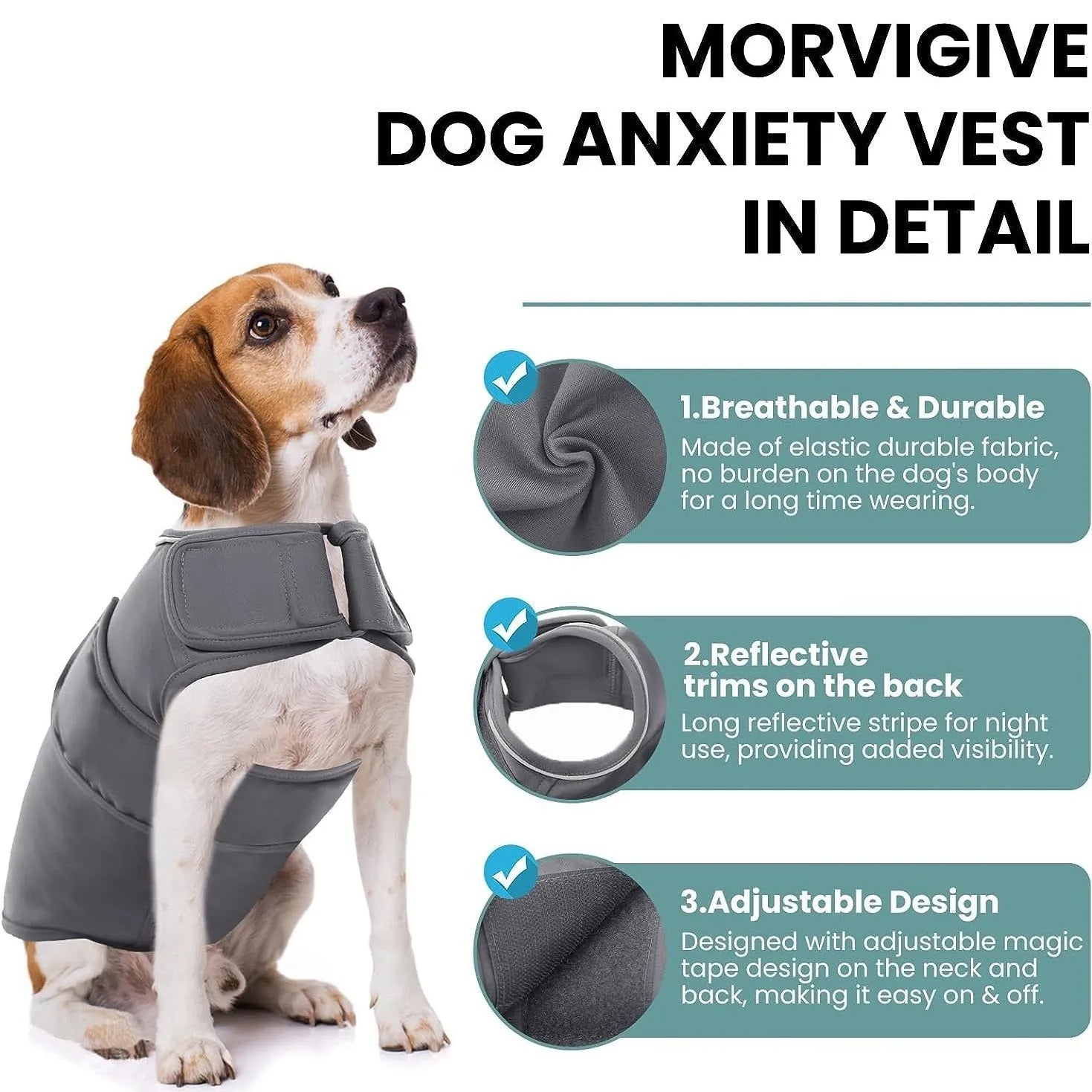 Grey dog anxiety vest with adjustable straps, shock protection features, worn by a small dog, sizes XS-XXXL available