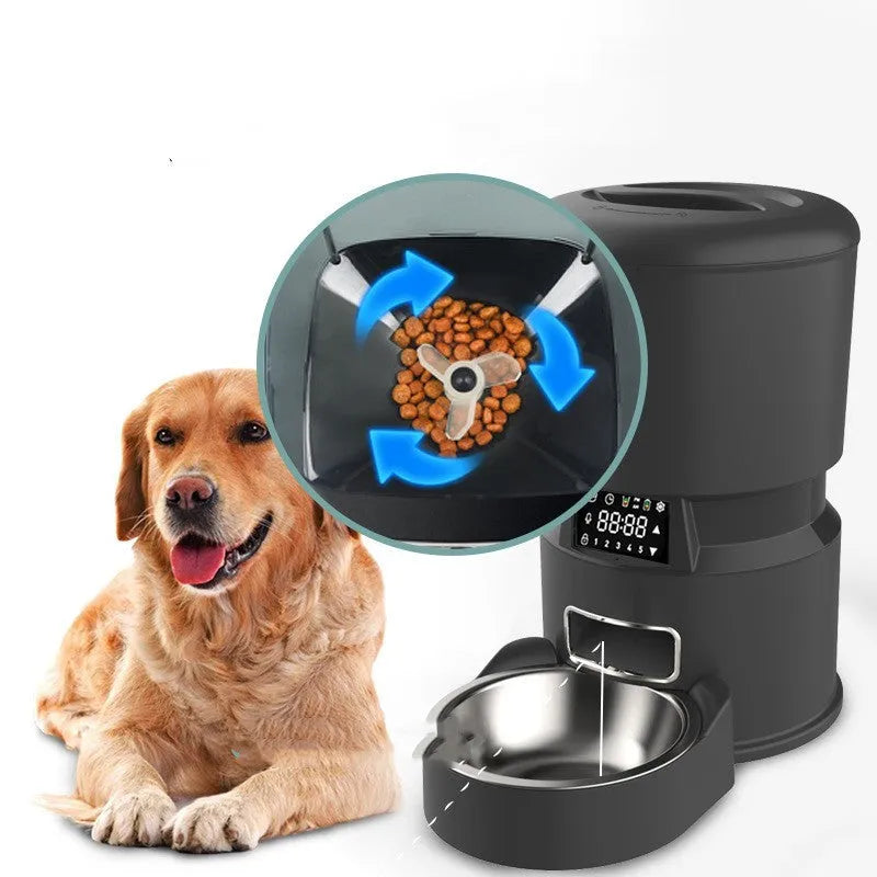 Automatic pet feeder for cats and dogs, 20x34x32.7cm, with food plate, power cord, adapter, and desiccant