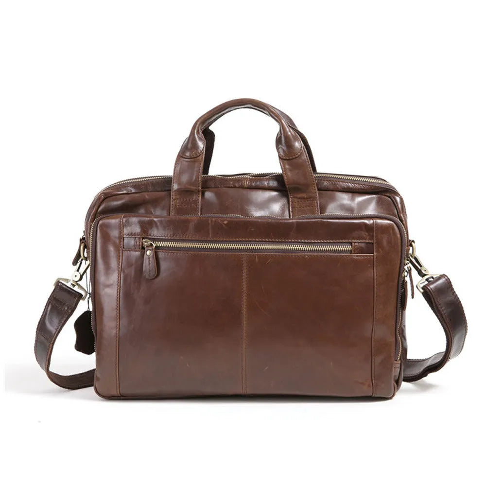 Brown leather men's business briefcase with 18-inch dimensions for laptop carrying