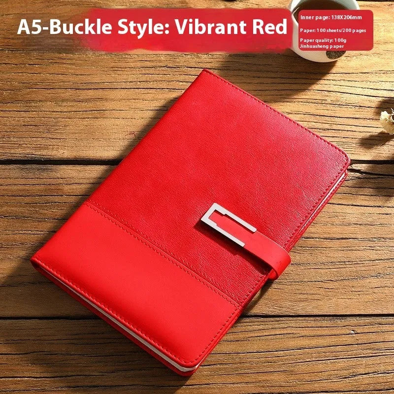 A5 leather notebook in choice of colours with gift box, open to show wood-free paper.