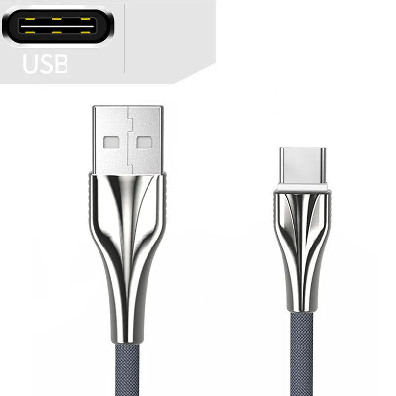 Aluminum alloy braided mobile phone data cable with three interfaces in black, silver, gold, rose gold, 1m length