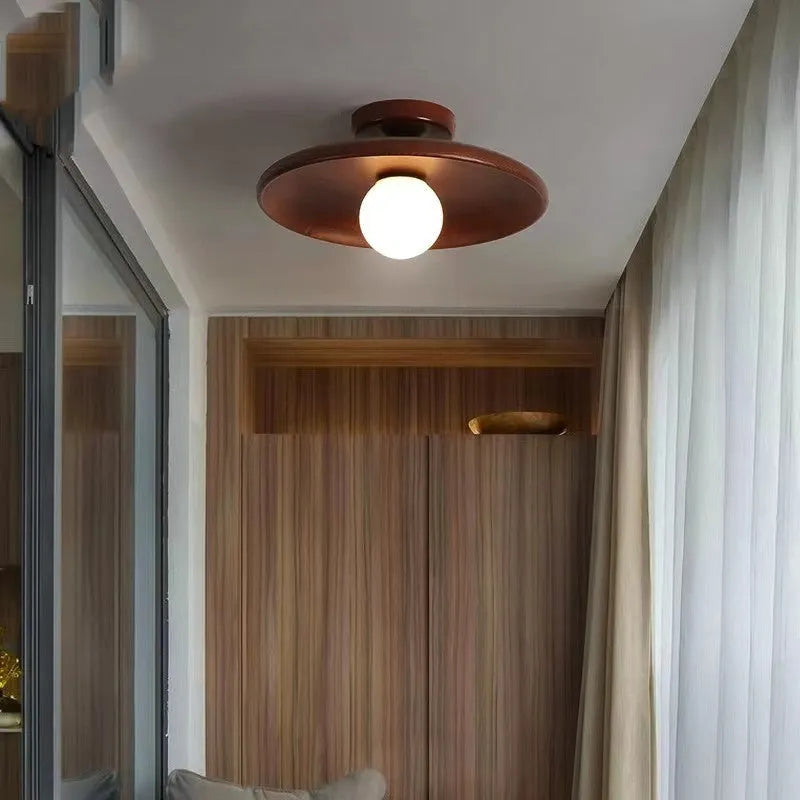 Japanese-style solid wood ceiling lamp for corridor or hallway with warm light, walnut finish