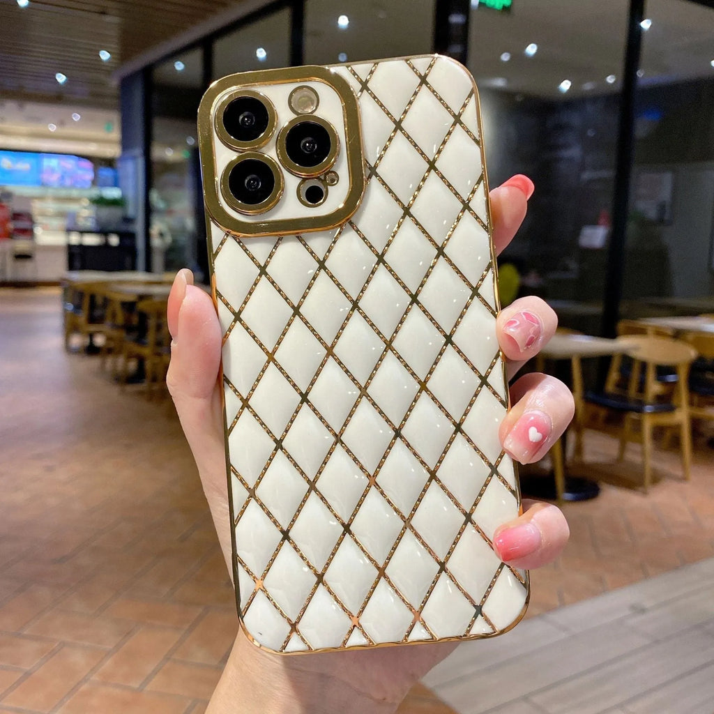 Electroplated 6D diamond TPU phone case back cover for compatible iPhone models in black, white, green, pink or purple.