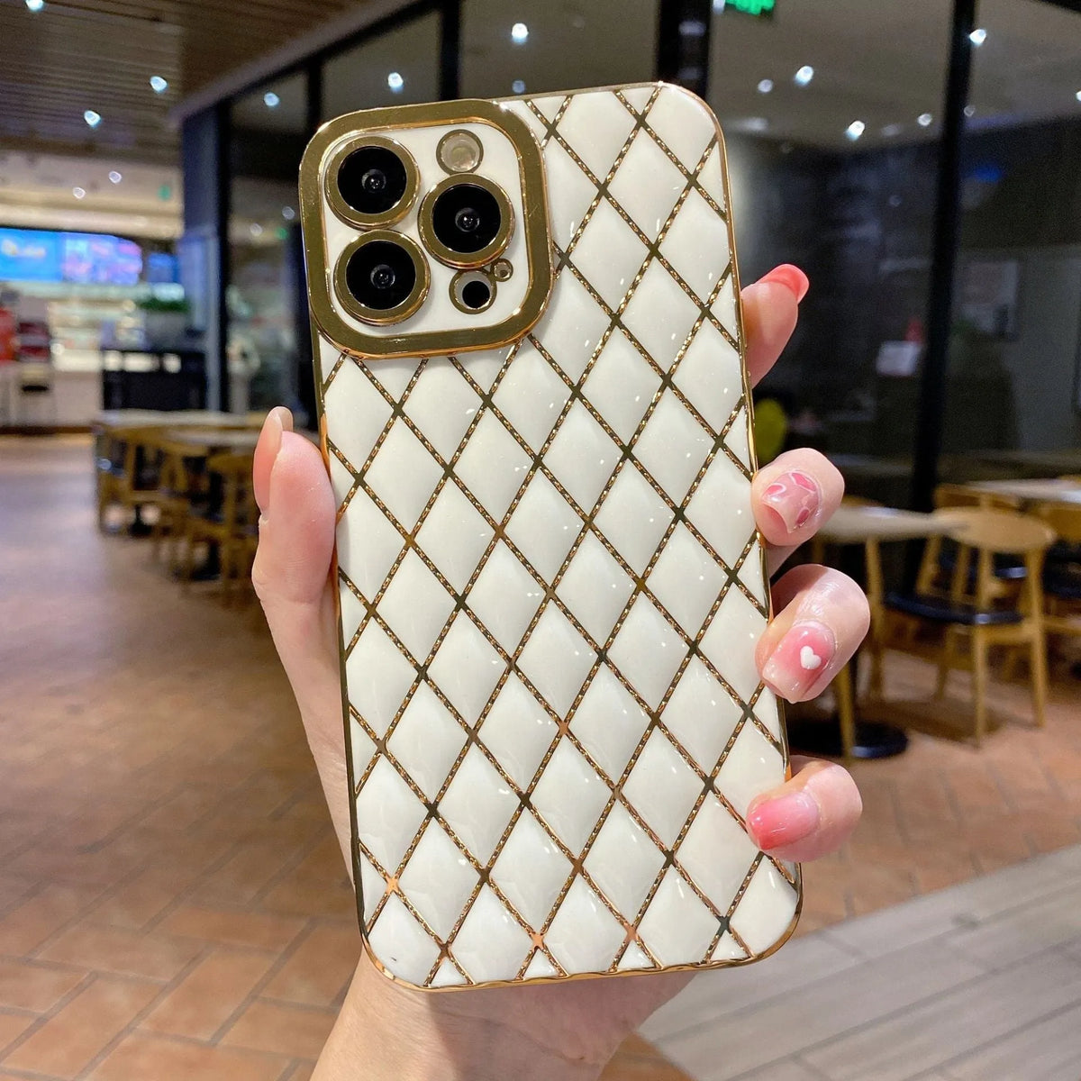 Electroplated 6D diamond TPU phone case back cover for compatible iPhone models in black, white, green, pink or purple.