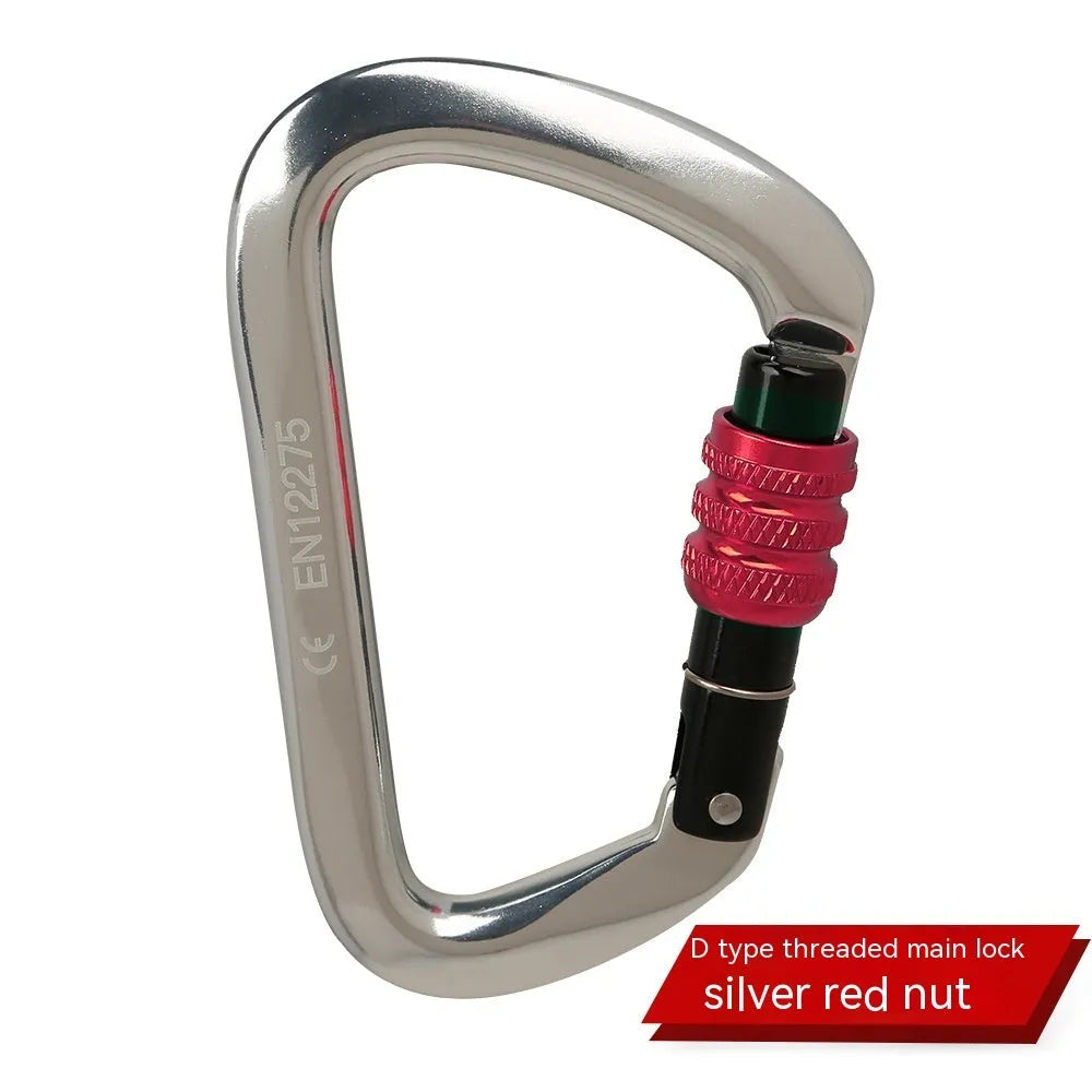 Steel D-shaped climbing carabiner showing automatic and screw-gate types in assorted colours.