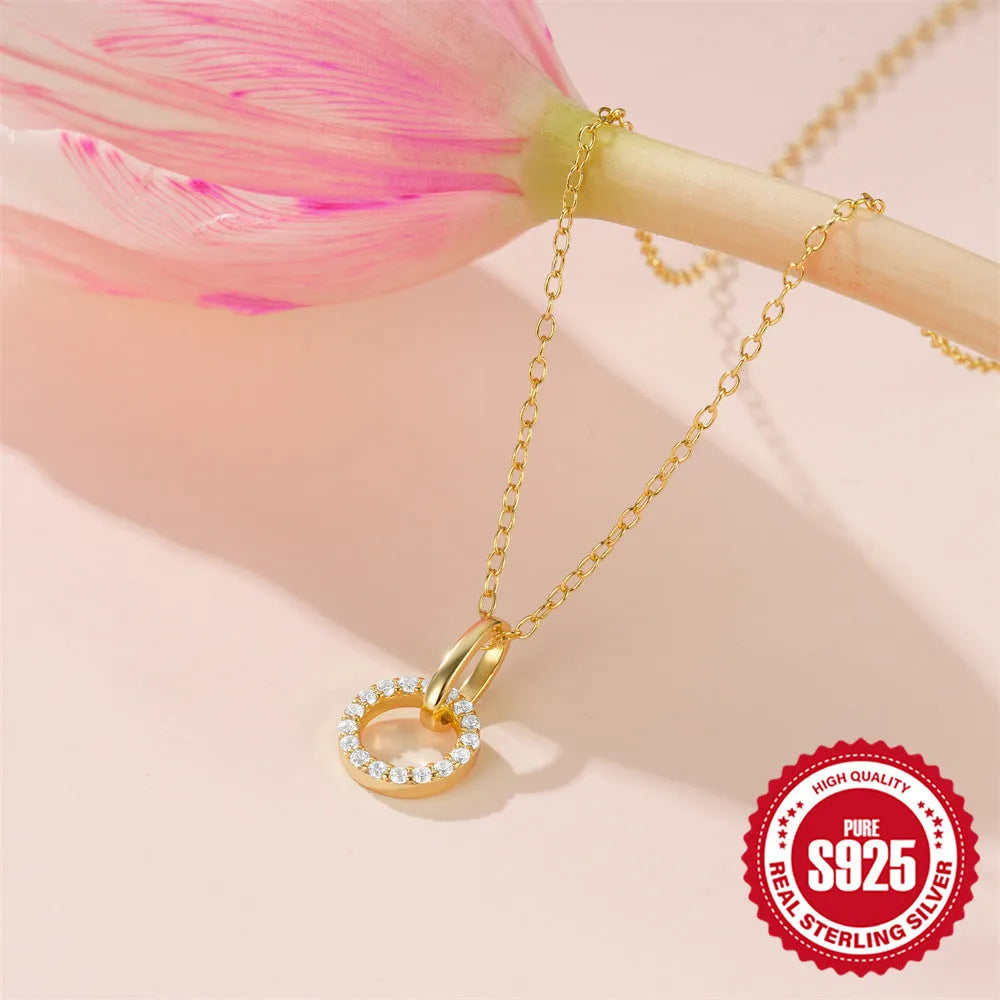 Gold tone S925 sterling silver clavicle chain with geometric zircon pendant on adjustable 21-50cm chain