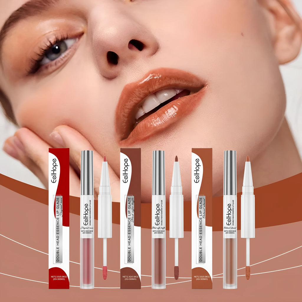 Double-headed lip liner and lip lacquer pen with brush applicator in three colour options