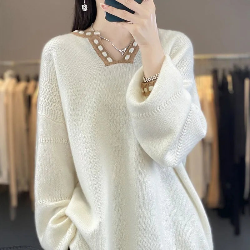 Women's V-neck jumper in viscose fabric, long sleeves, camel colour option