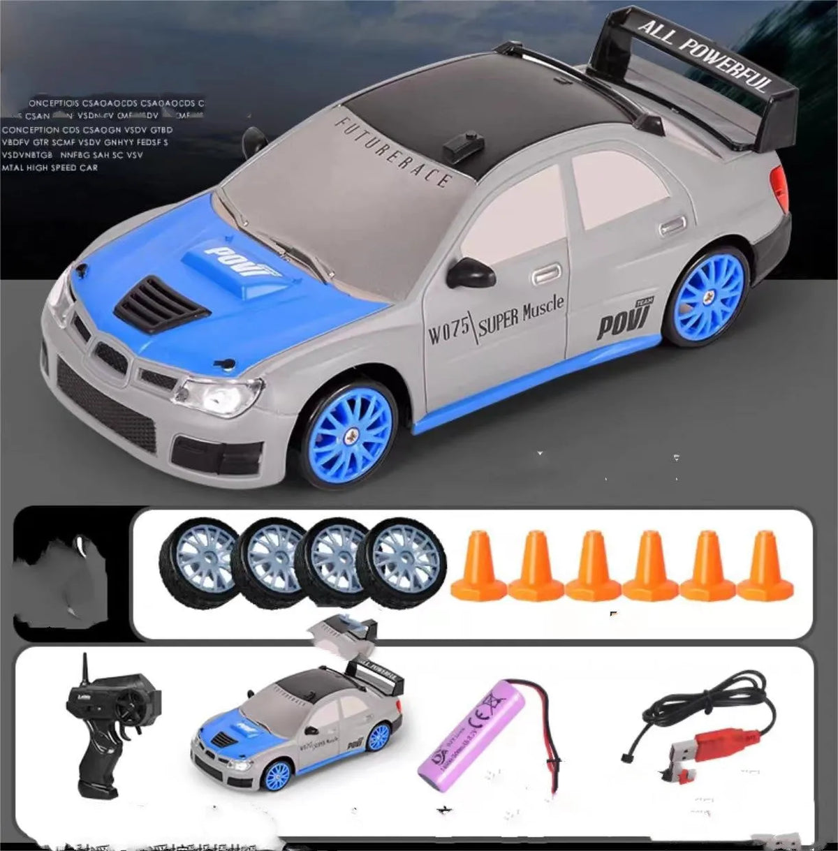 1:24 scale RC drift car with 4WD, 2.4GHz remote, GTR AE86 body, 4 racing tyres and 6 traffic cones