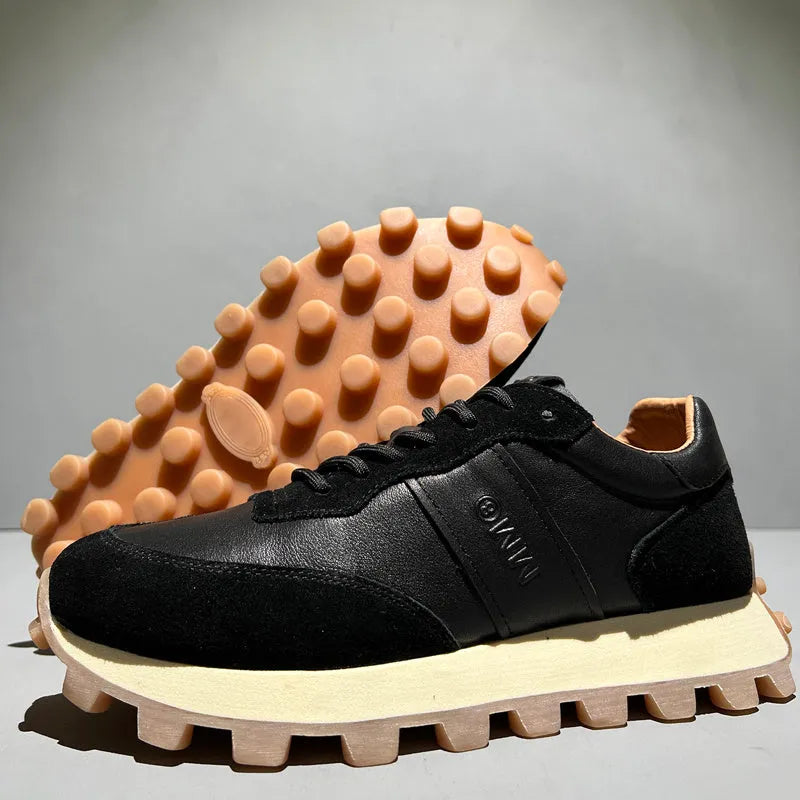 Men's black colour block lace-up sports shoes with head layer cowhide upper and thick rubber sole
