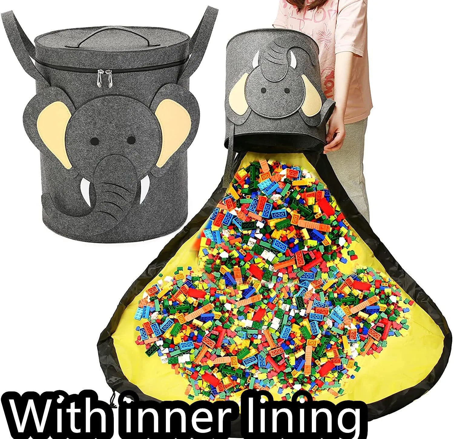 Green felt cube storage bag with pull rope, shown both as a closed bag and flattened as a play mat.