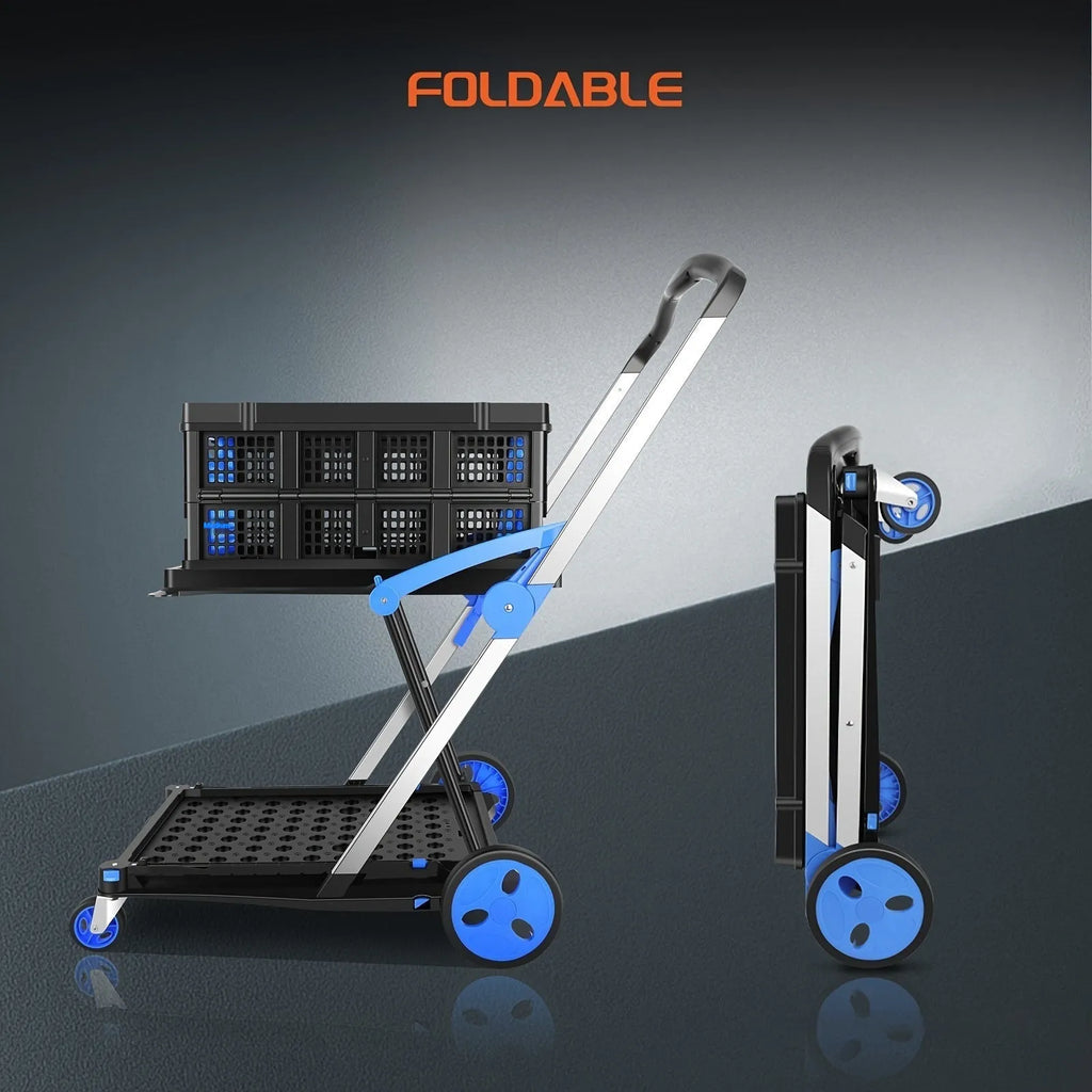 Foldable plastic shopping cart with double-layer basket in choice of blue, purple, pink, or red colour
