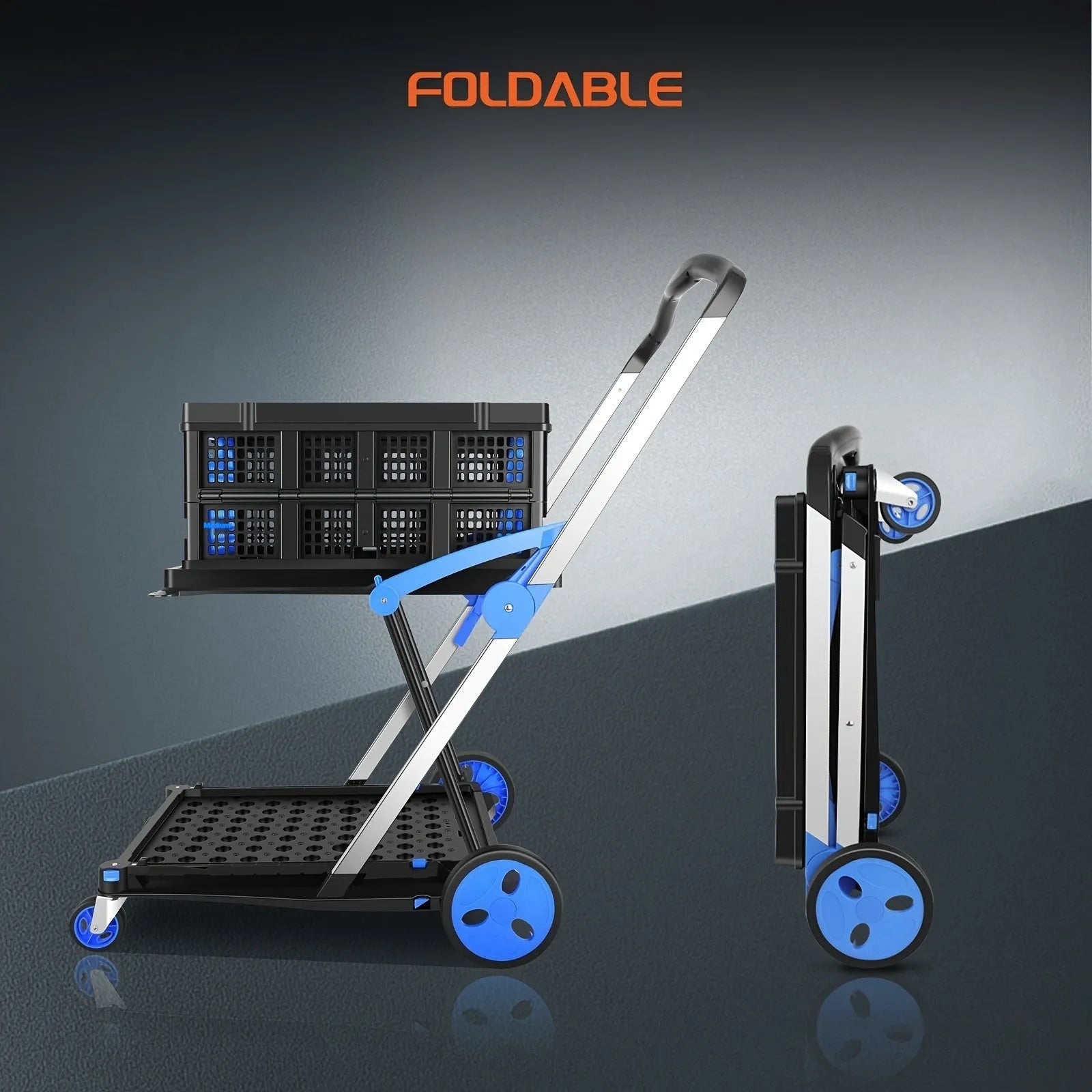 Foldable plastic shopping cart with double-layer basket in choice of blue, purple, pink, or red colour