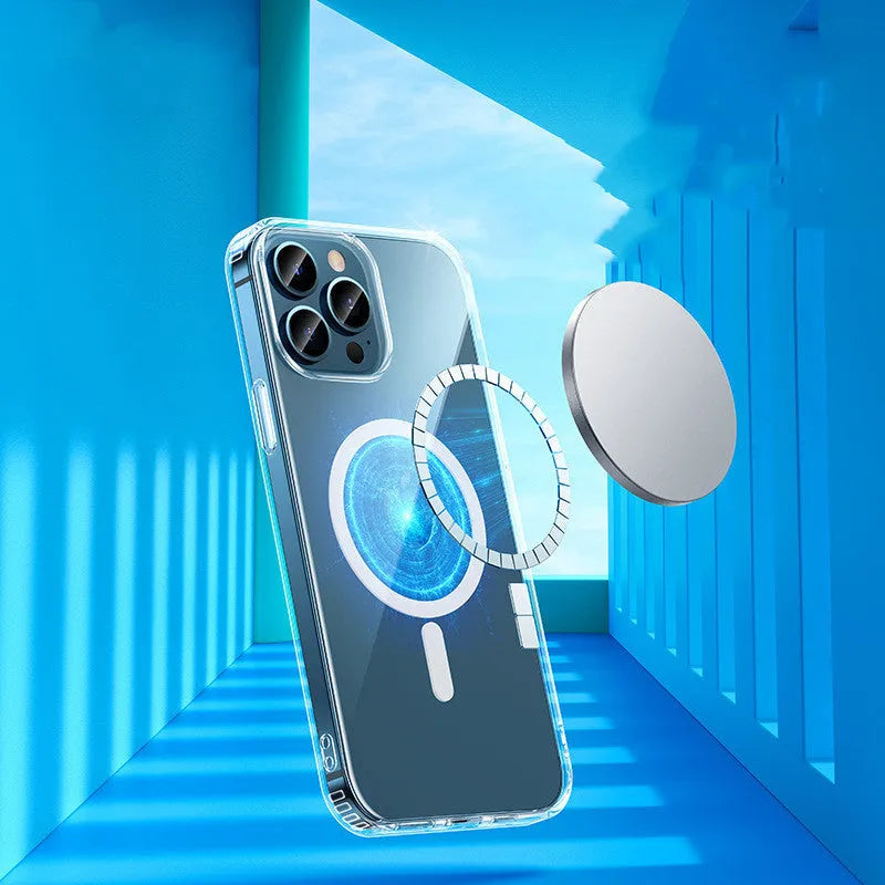 Transparent MagSafe magnetic airbag protective case for Apple iPhone 13 series.