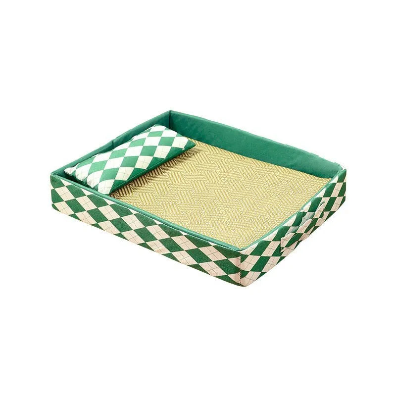 Blue rattan cat mat with removable cover serving as a litter mat and pet bed.
