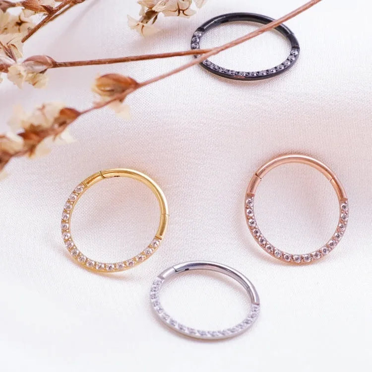 Titanium alloy nose ring with inlaid zircon, 1.2x12mm seamless round hoop in Diamond Gold