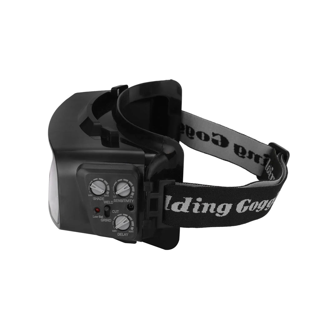 Black automatic darkening welding mask with a large rectangular viewing lens.