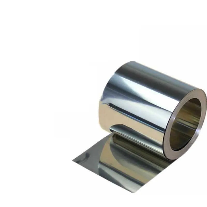 A one-metre strip of thin 304 stainless steel sheet with a brown leather backing.