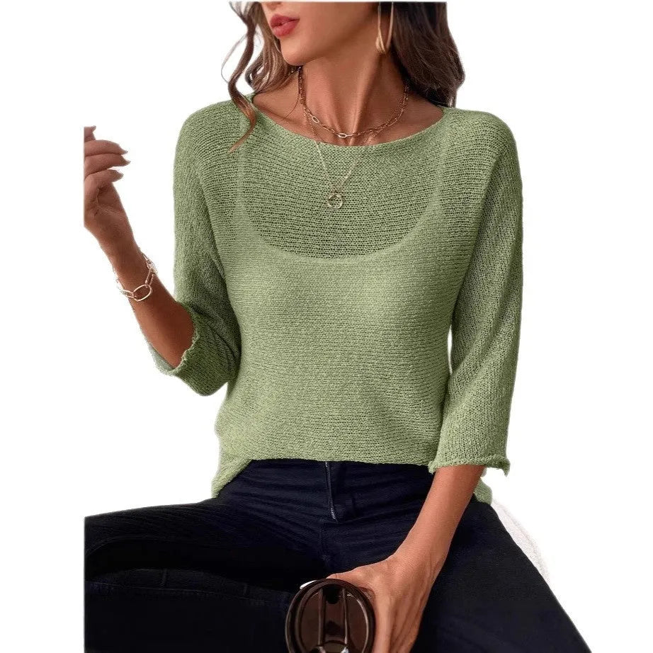 Women's knitted off-shoulder pullover top in thin polyester fabric with 3/4 sleeves, shown in multiple colours.