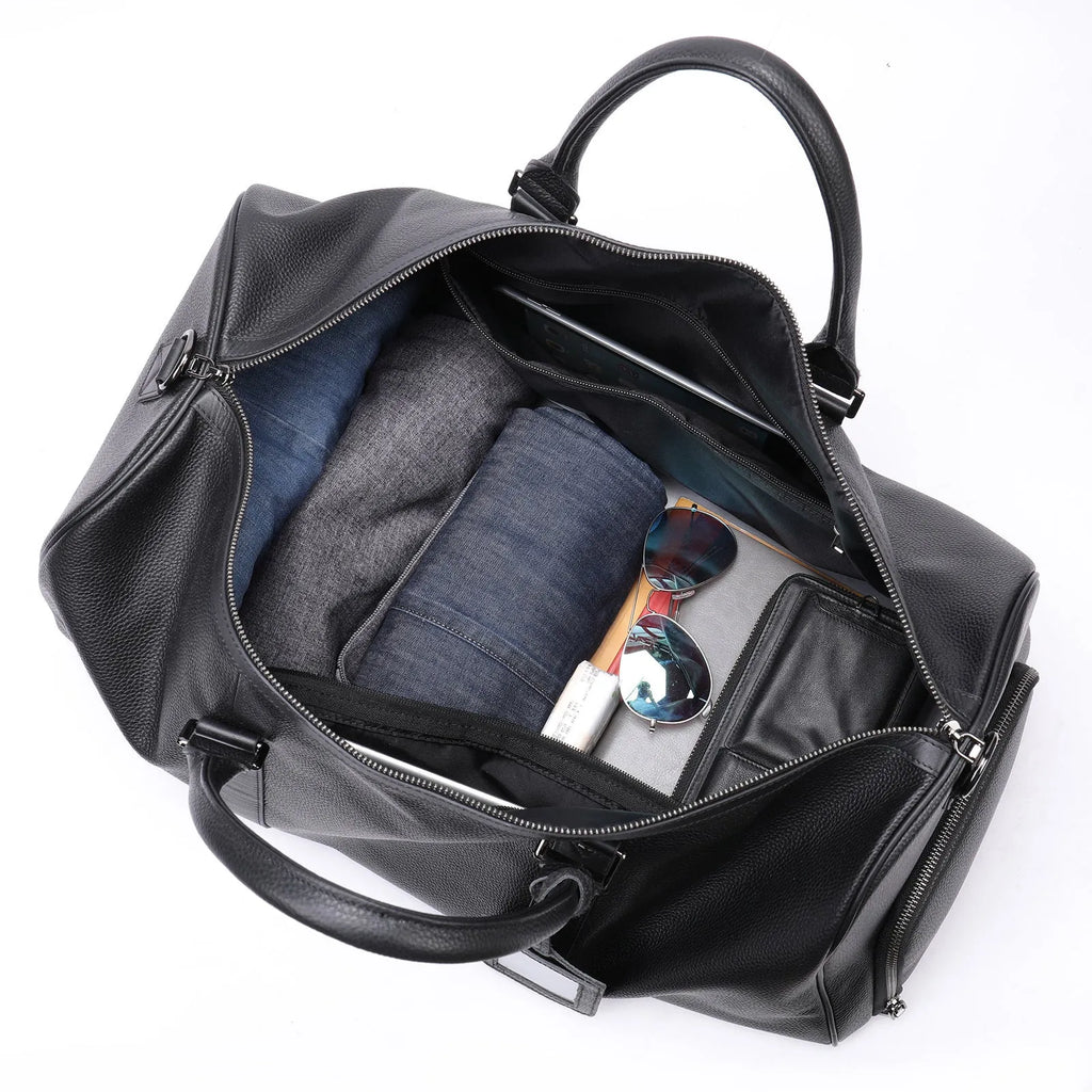 Men's black and coffee brown leather tote bags shown in 44cm and 55cm lengths.