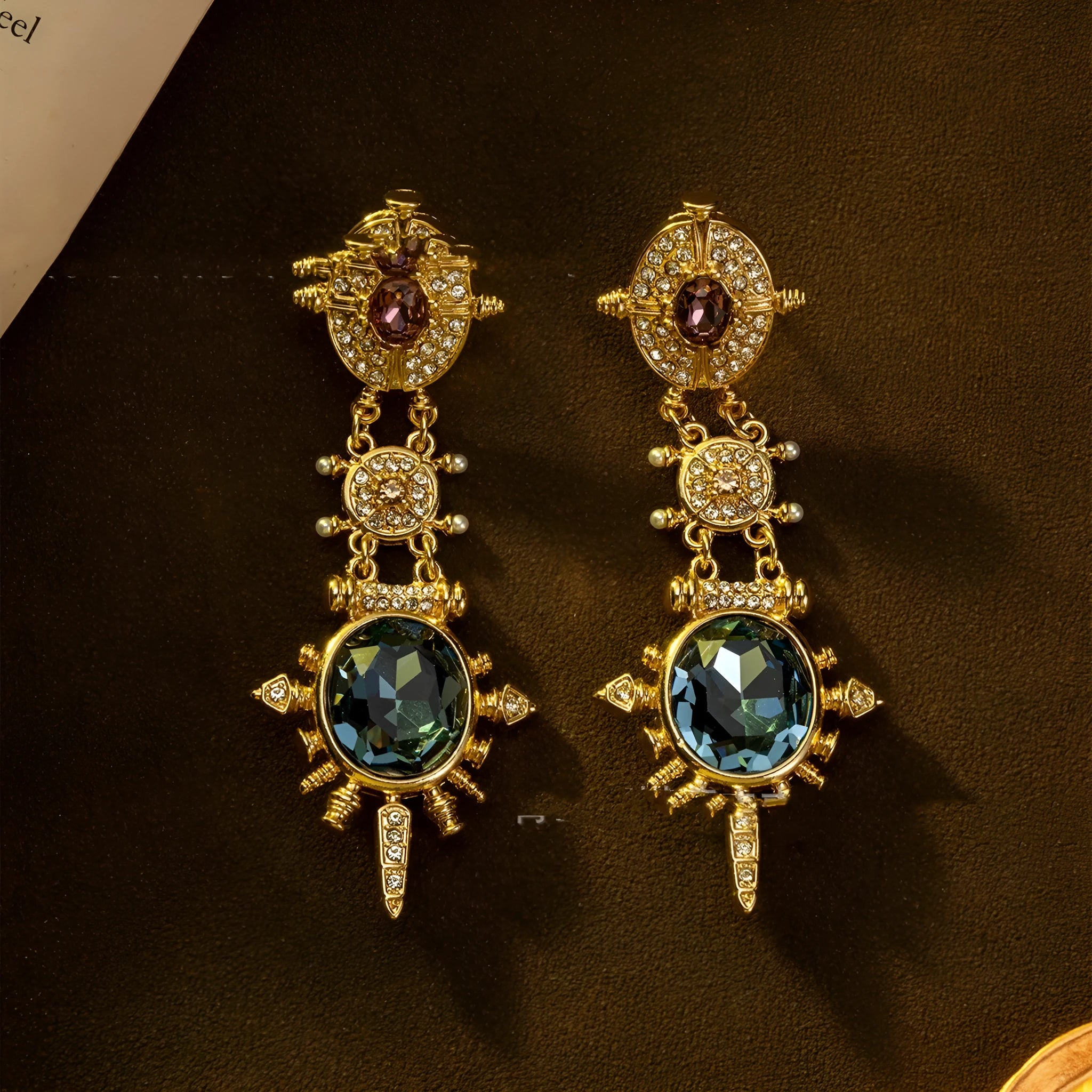 Gold geometric court style stud earrings with retro design and round elements