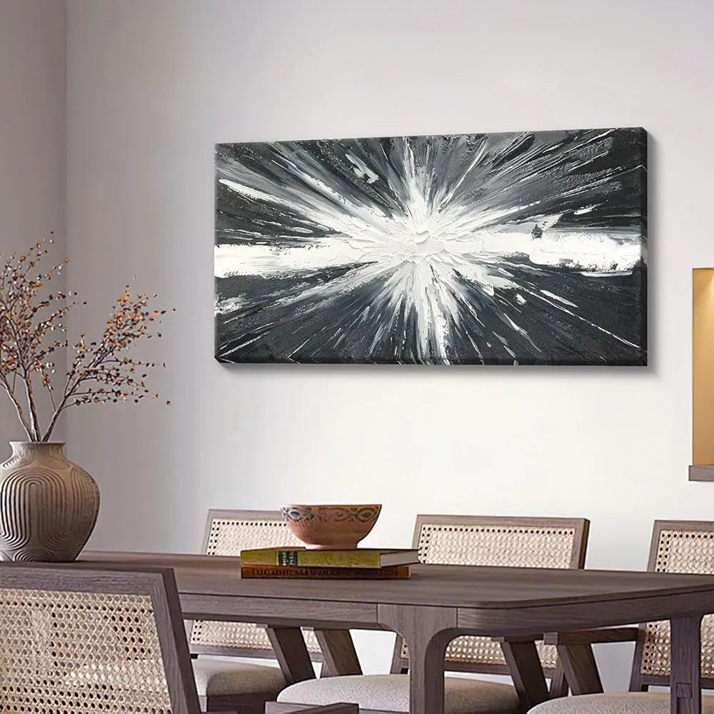 Abstract handmade oil painting on canvas black white texture horizontal living room wall art
