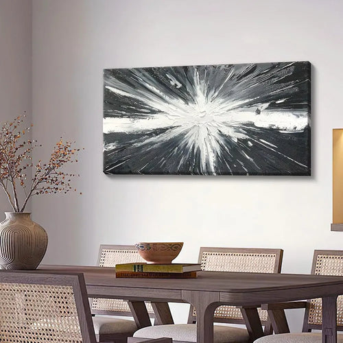 Abstract handmade oil painting on canvas black white texture horizontal living room wall art