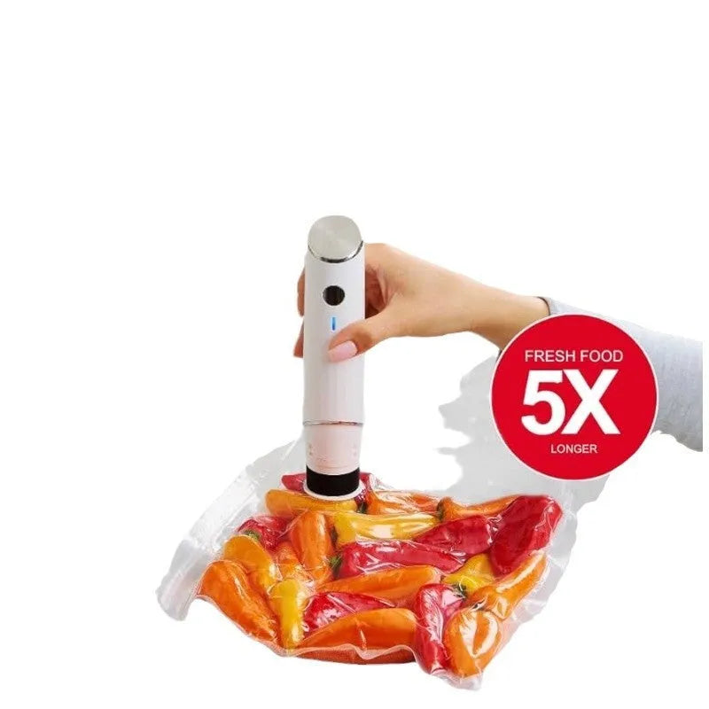 White USB electric vacuum food storage pump with five 26x28cm plastic zipper bags