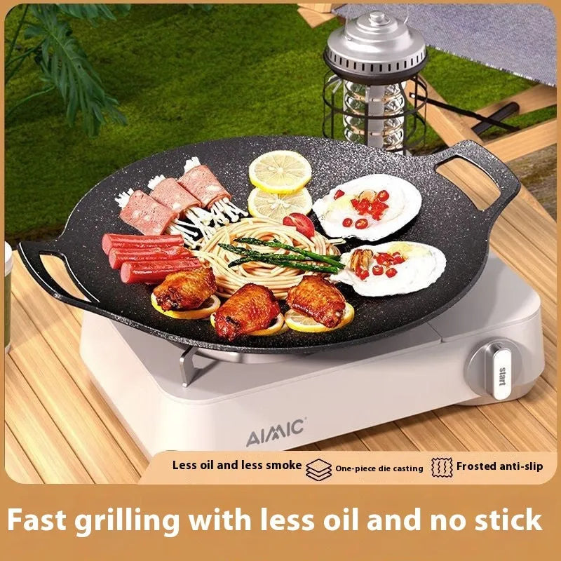 Round Japanese medical stone barbecue plate with non-stick iron surface for household indoor grilling