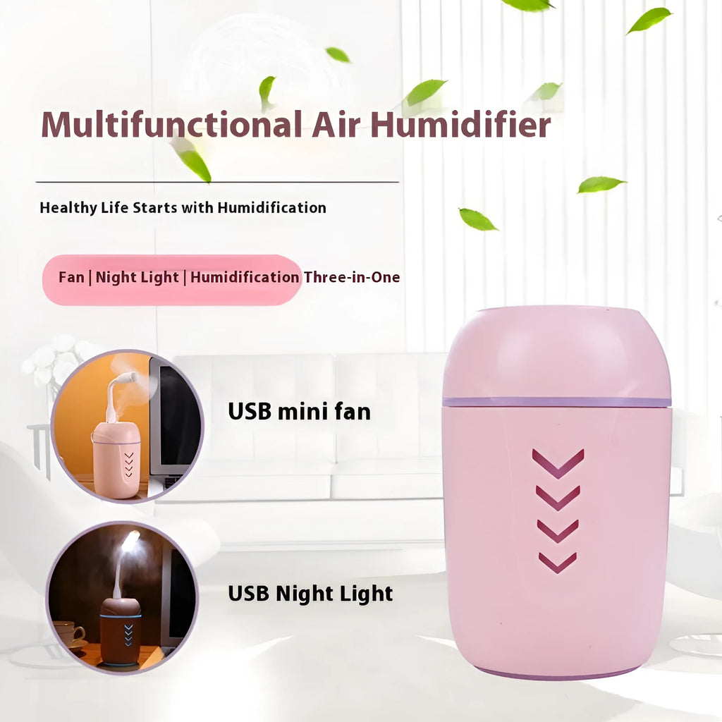 Round white portable USB air purifier for car and desktop use on a wooden surface.