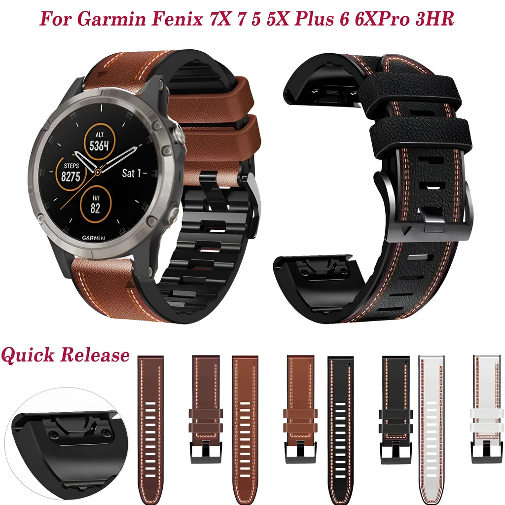 Garmin Fenix quick release silicone leather watchband in black on smartwatch