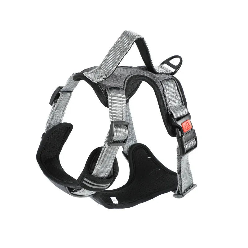 Orange adjustable dog chest strap vest harness with an integrated hand holding rope.