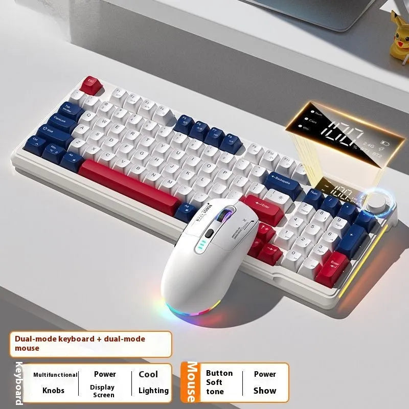 Blue and white wireless mechanical-feel keyboard and mouse set on a wooden desk