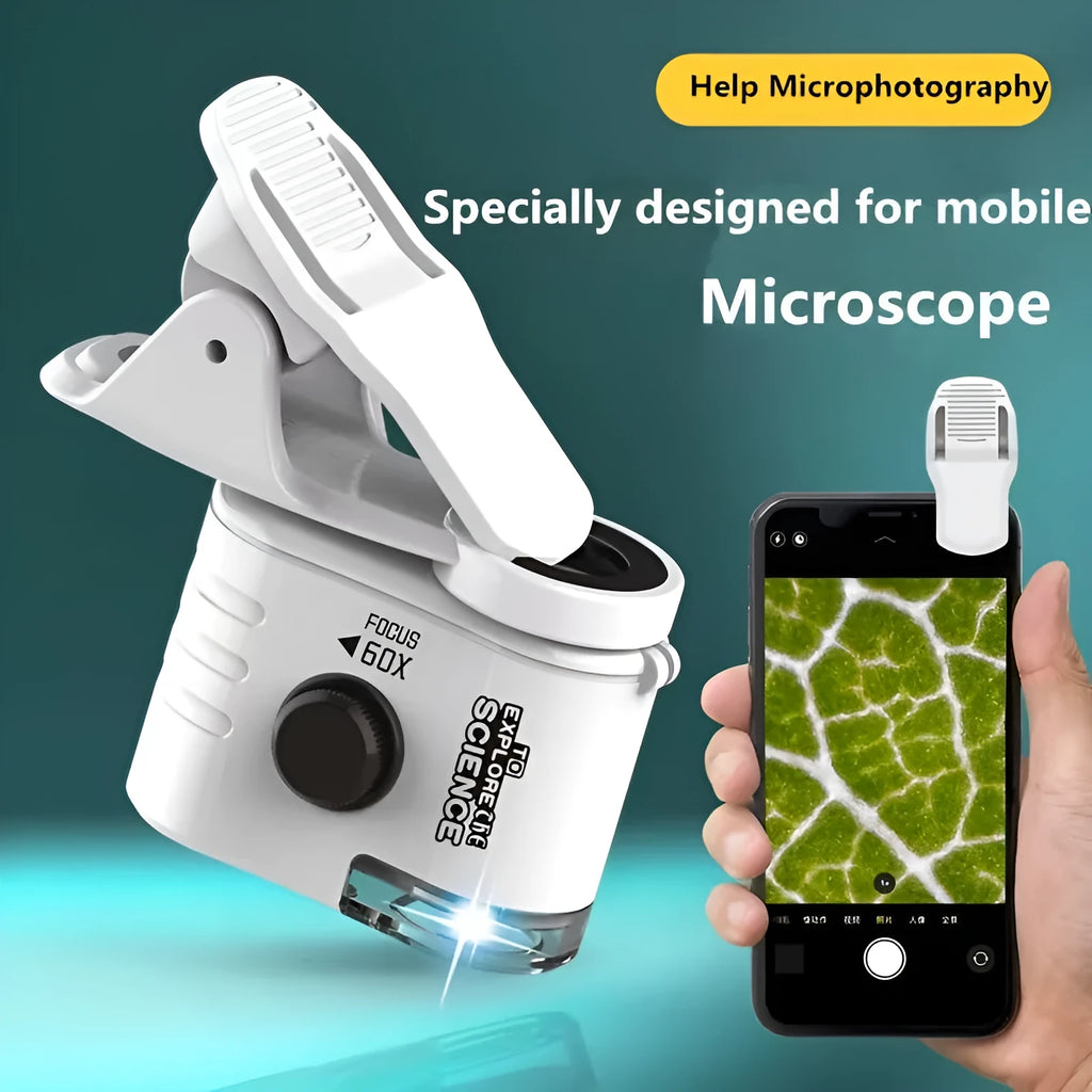 Pocket microscope with detachable clip for smartphone cameras showing 60x magnification and LED light
