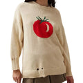 Women's milky white round neck jacquard knit acrylic sweater on a hanger.