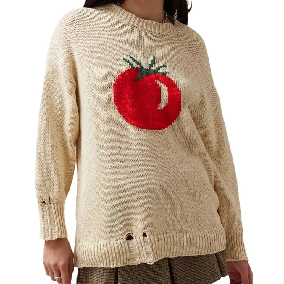 Women's milky white round neck jacquard knit acrylic sweater on a hanger.