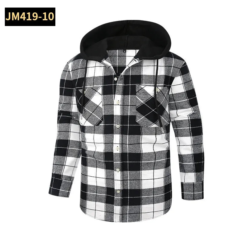 Loose fit casual flannel hooded plaid shirt in polyester with multiple colour options