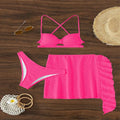 Women's light pink lace-up bikini three-piece set with matching skirt on mannequin