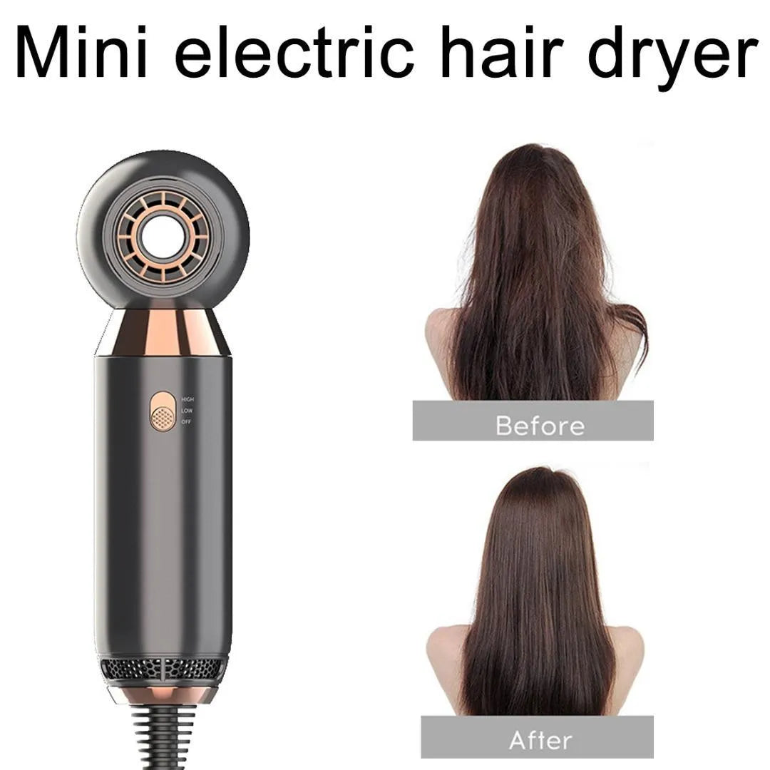 Compact leafless portable hair dryer with diffuser accessory, 20cm size, and ionic technology.