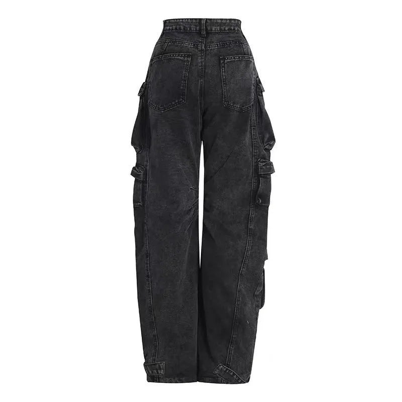 Women's high waist wide leg denim trousers with multiple pockets and tie-dye pattern in street hipster style