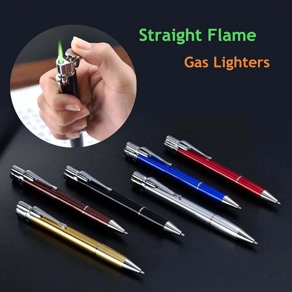 Slim metal pen lighter with windproof jet flame, keychain attachment, in choice of colours.