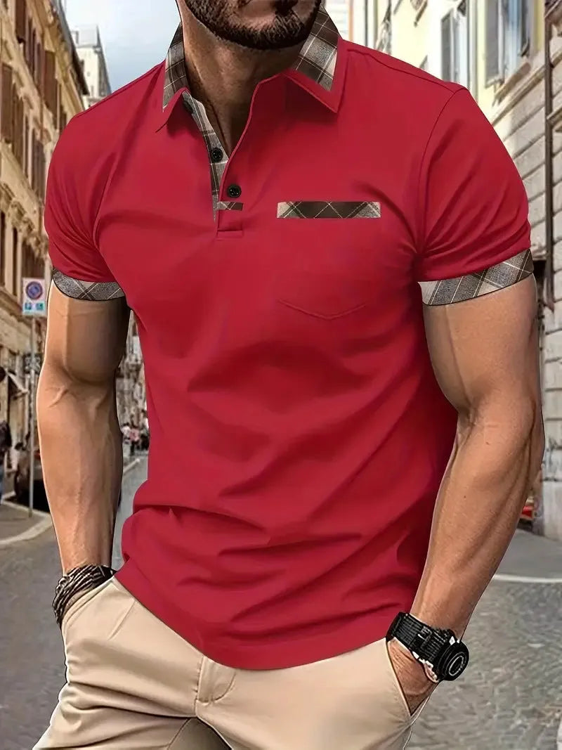 Man wearing a men's short sleeve plaid colourblock T-shirt in a solid colour.
